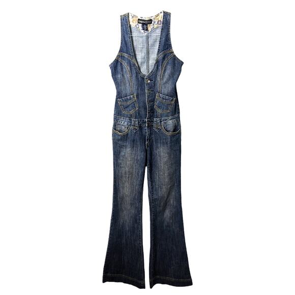 Vintage 90s Y2K Imperial Star Denim Jumpsuit Flare Leg Button Front Low Rise M - Picture 2 of 10